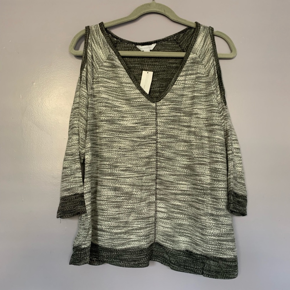 New York & Company Black White Cold Shoulder Top